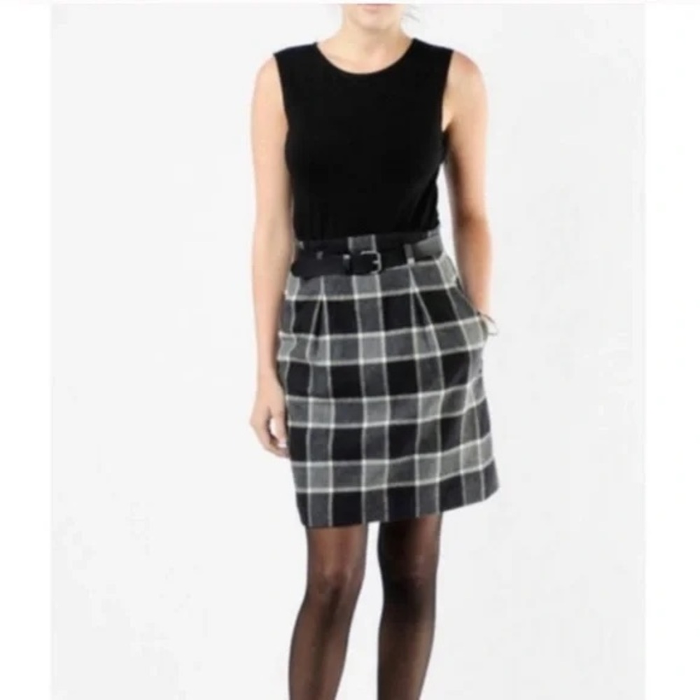 Theory Wool Plaid Black and Gray Belted Dress Size 6